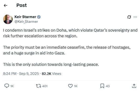 The British Prime Minister's reaction to the Zionist attack on Doha