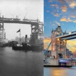 Tower Bridge in the construction process and after completion