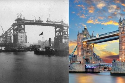 Tower Bridge in the construction process and after completion