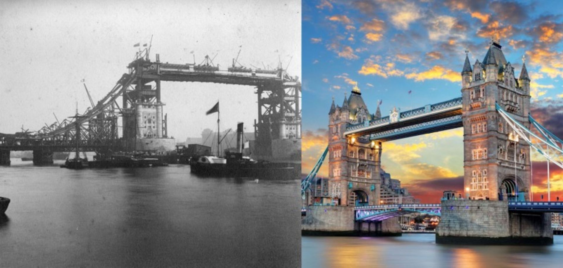 Tower Bridge in the construction process and after completion