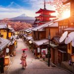 A woman wearing a traditional Japanese dress among Kyoto's traditional homes