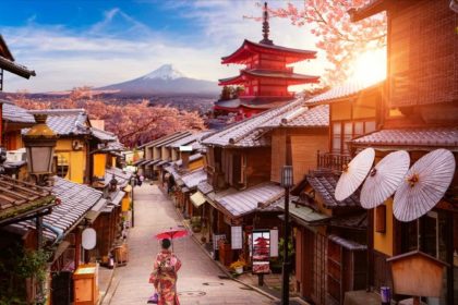 A woman wearing a traditional Japanese dress among Kyoto's traditional homes