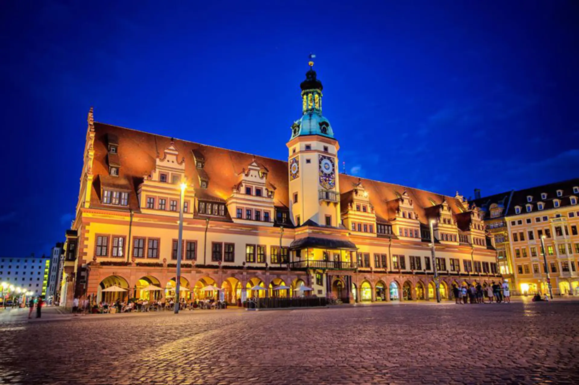 The bright building of the old city of Leipzig at night