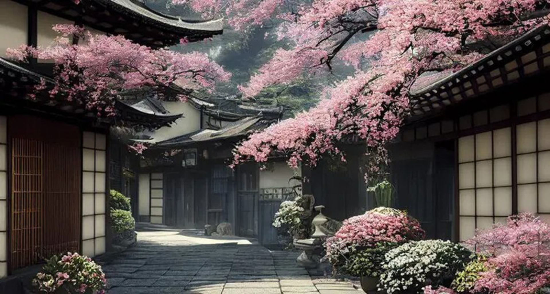 Takayama streets with traditional wooden structures and pink blossoms