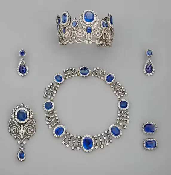 Diaheim, necklace and earrings from Queen Marie-Amelie and Queen Ortense sapphire jewelry