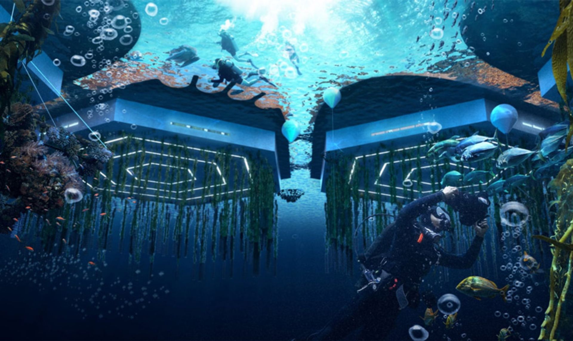 Diving under the stable and floating city of Oceanix