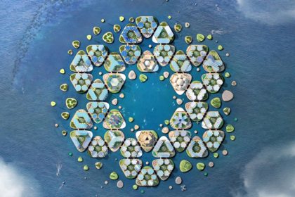 Aerial photo of the stable and floating city of Oceanix