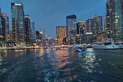 A view of luxury towers alongside Dubai waters