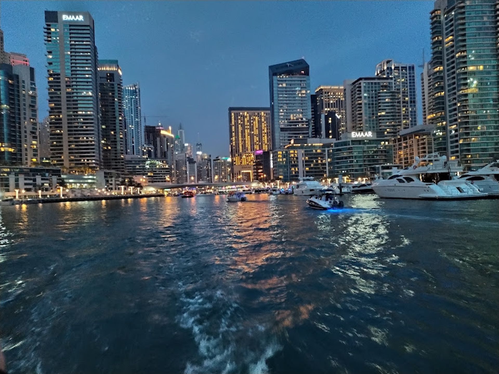 A view of luxury towers alongside Dubai waters
