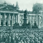 People's rally in front of the Reichsteg building in Berlin in the old