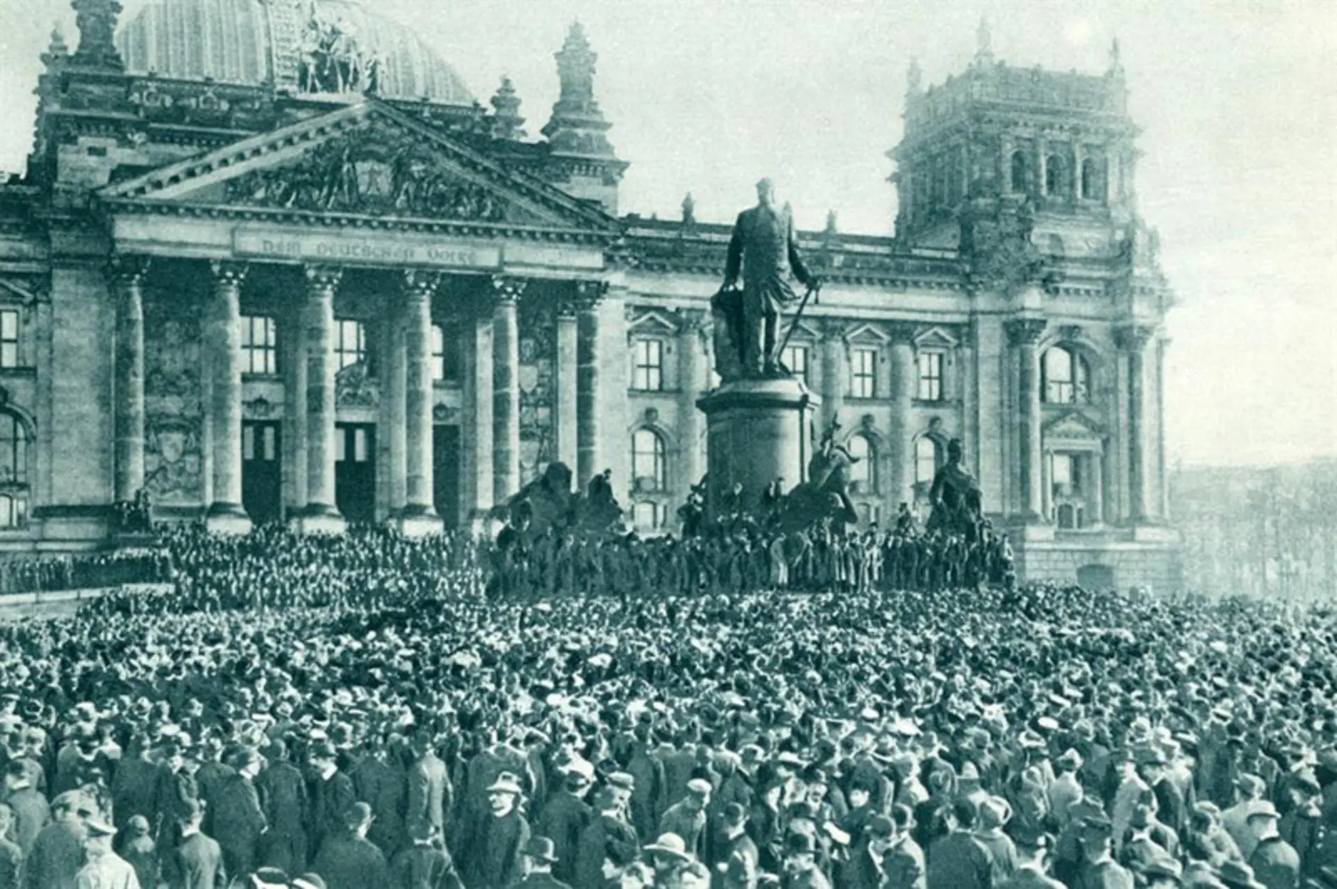 People's rally in front of the Reichsteg building in Berlin in the old
