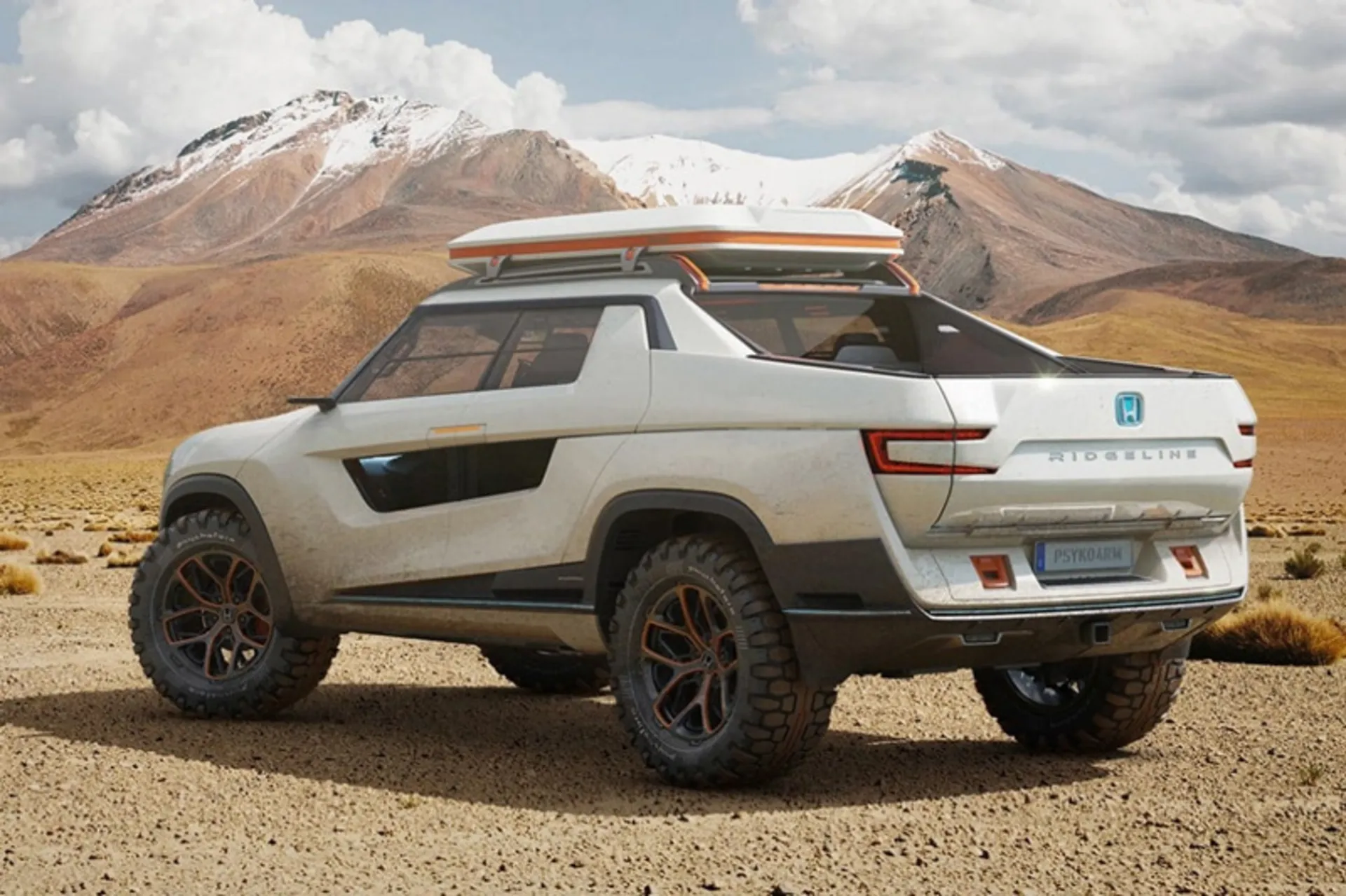 The back view of the white Honda Ridgeline pickup