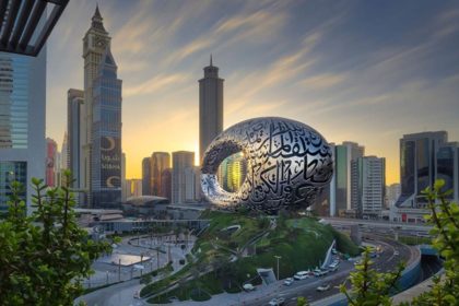 A view of Dubai at sunset with the future museum structure in the center