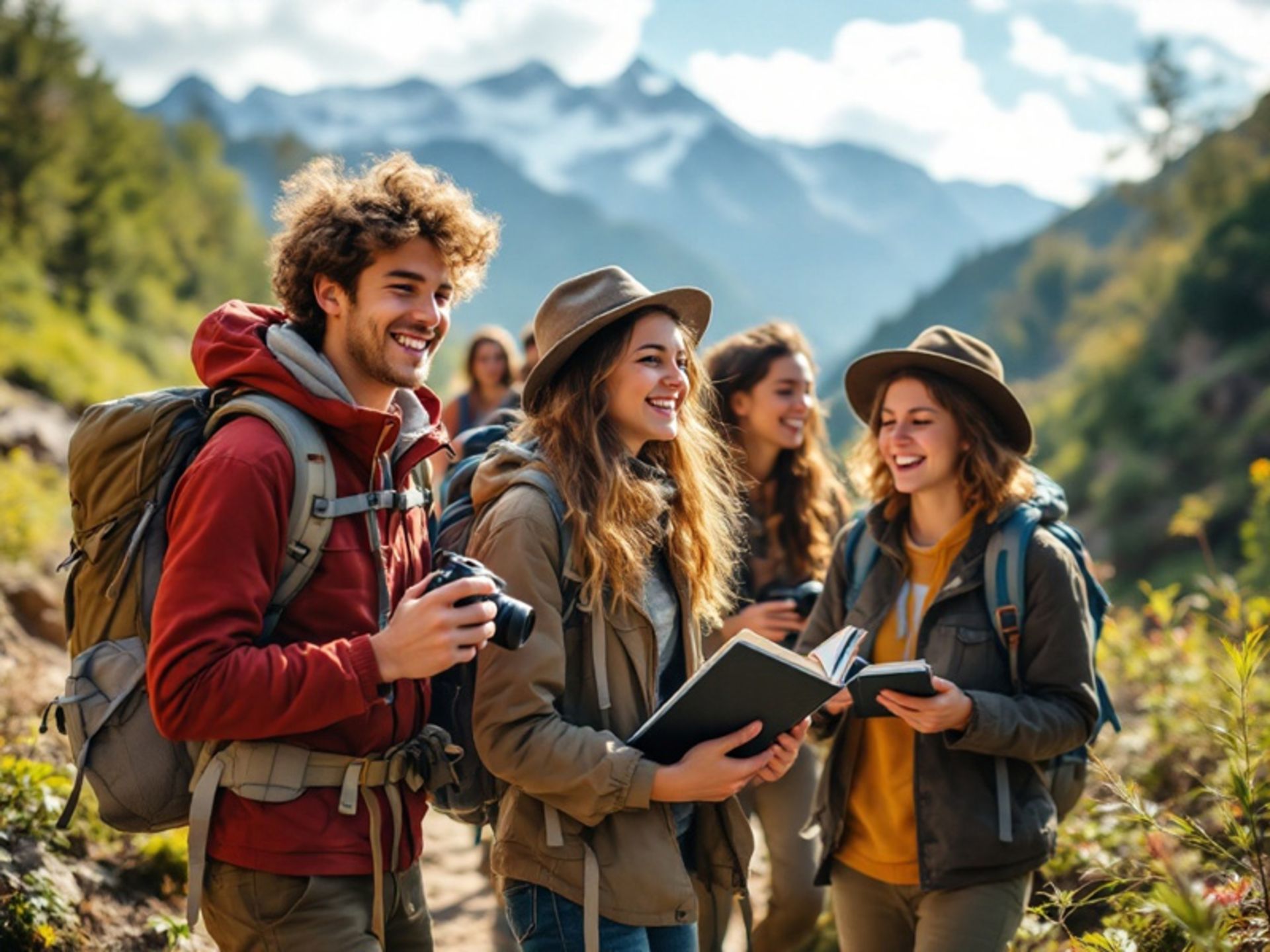 Student's friendly trip in nature