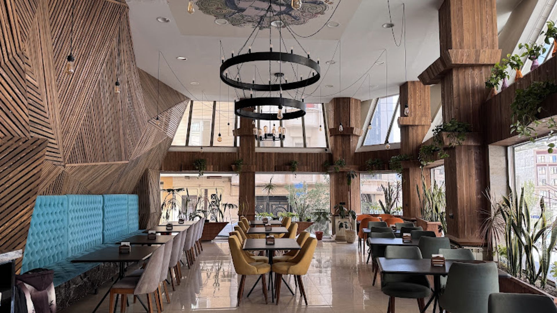 Wooden decoration of the cafe, Italian lounge restaurant