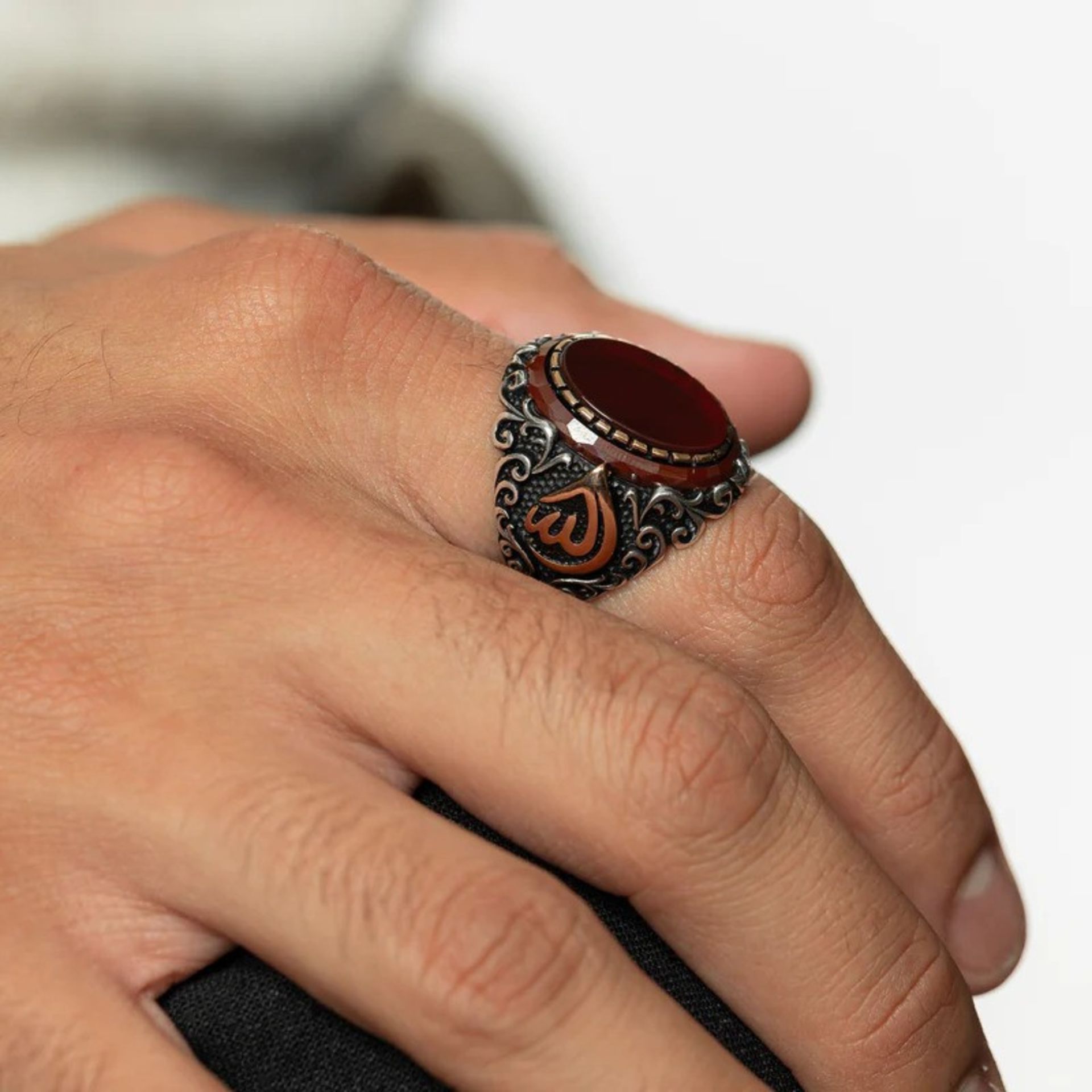Men's agate ring with red gem