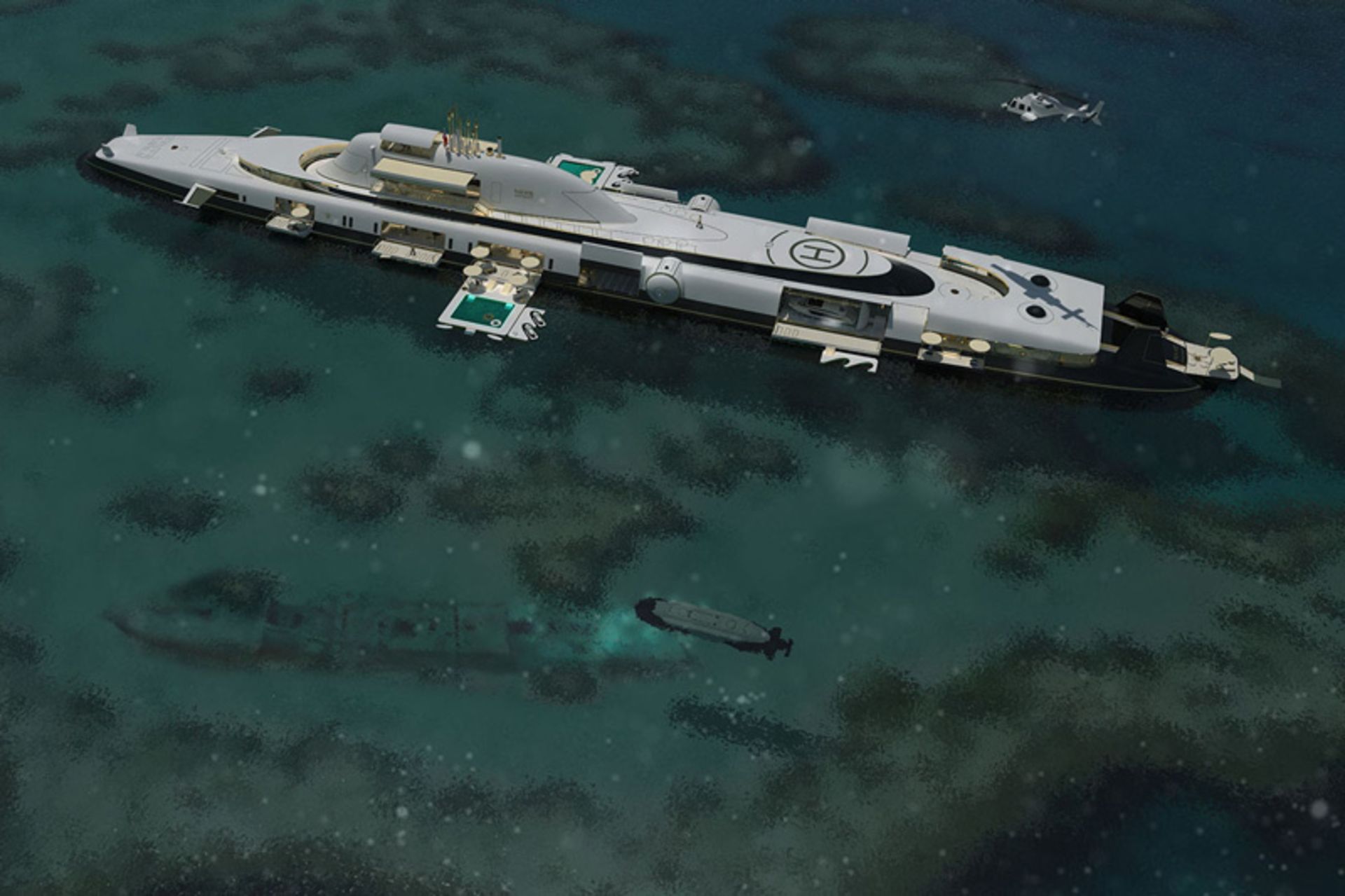 Aerial view of Migalo M5 ship and submarine