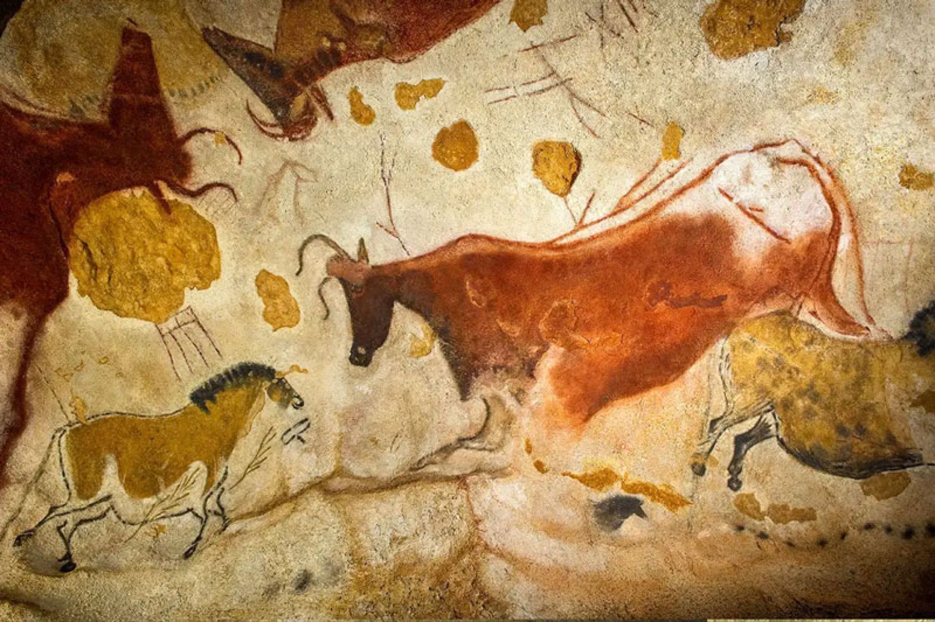 The image of old ancient art motifs on rocks and images of horses