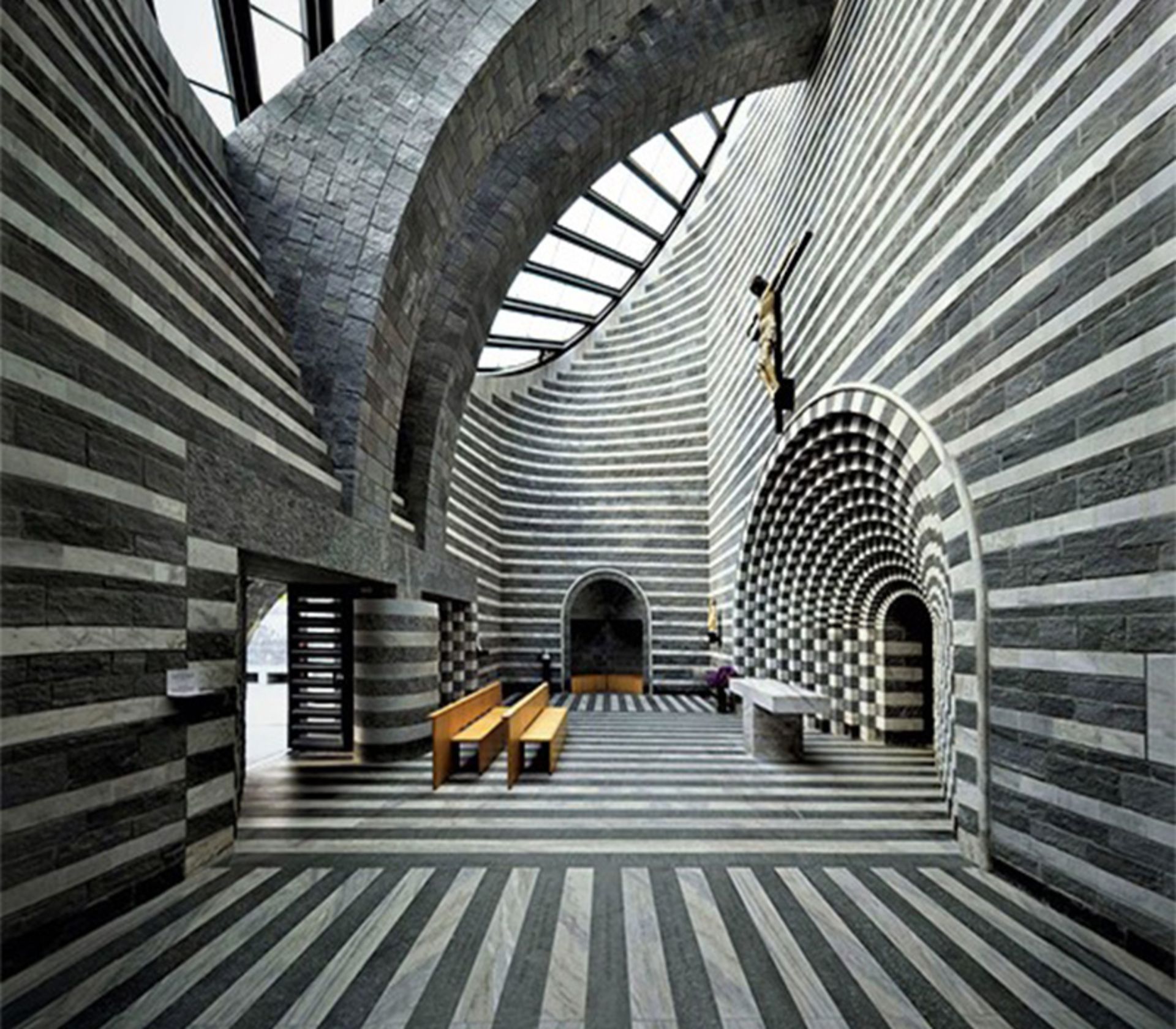 The striped interior of Mario Botta's church