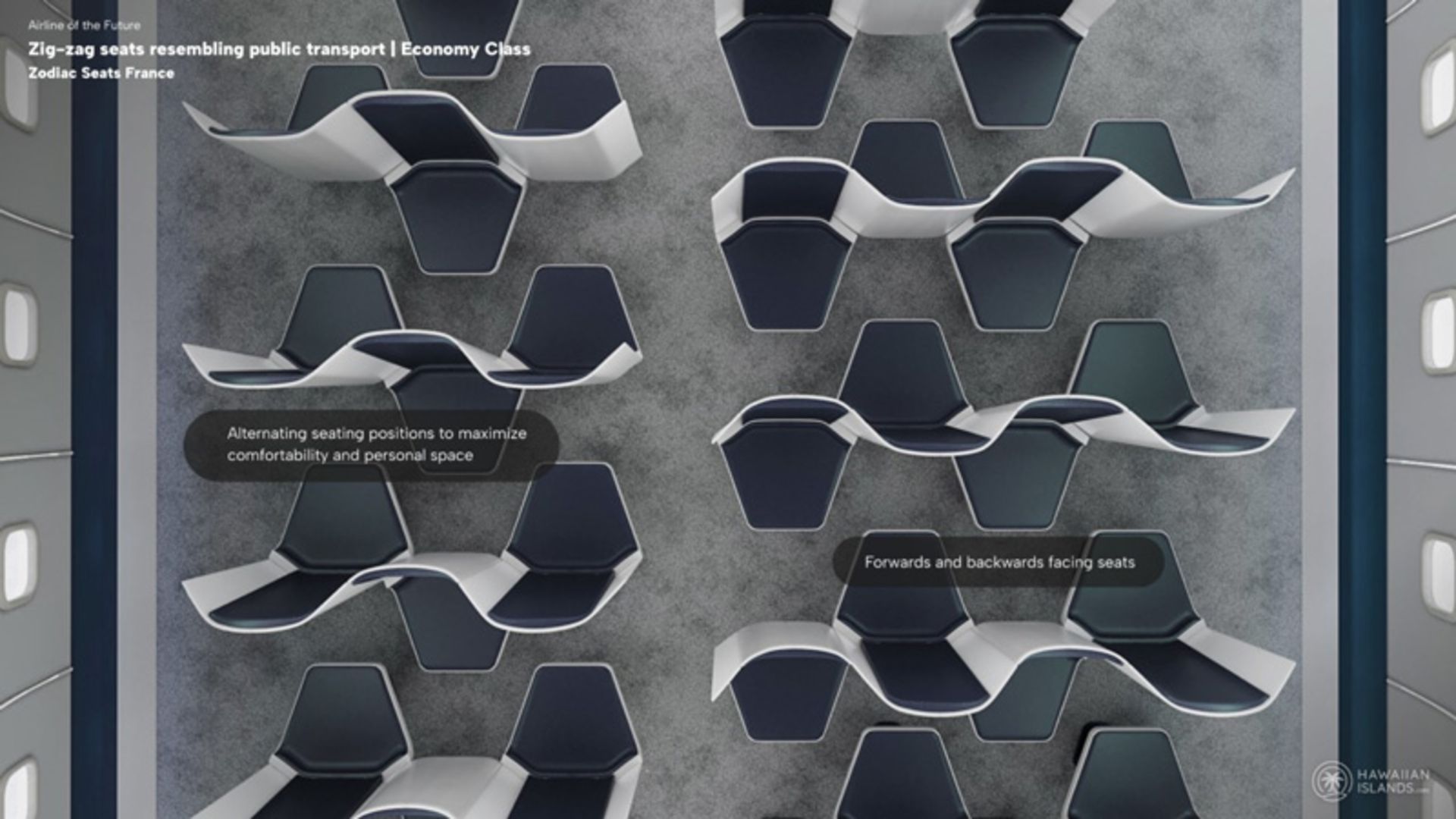 Zigzag seats in the airplane lounge