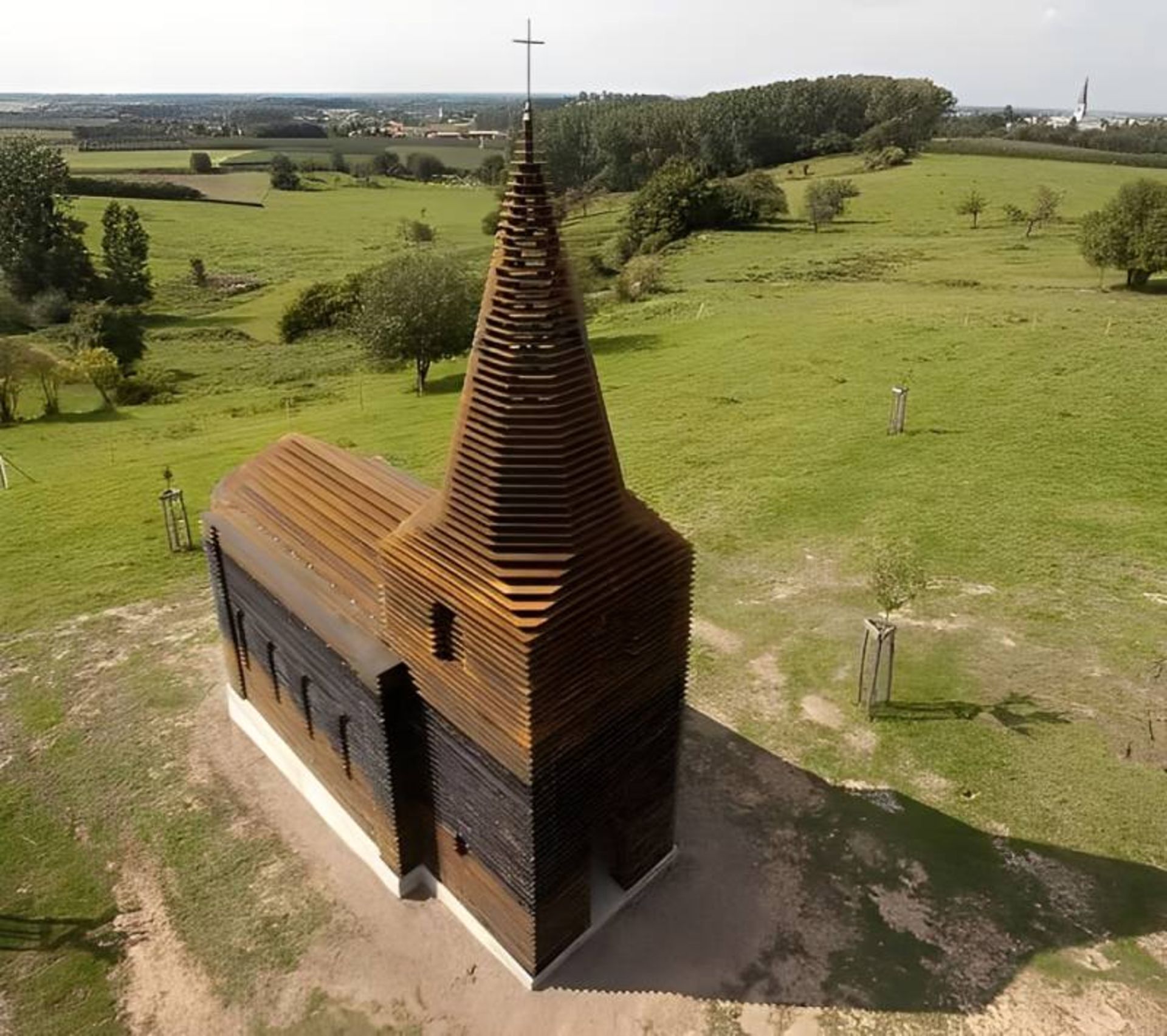 Aerial view of the transparent church in Belgium