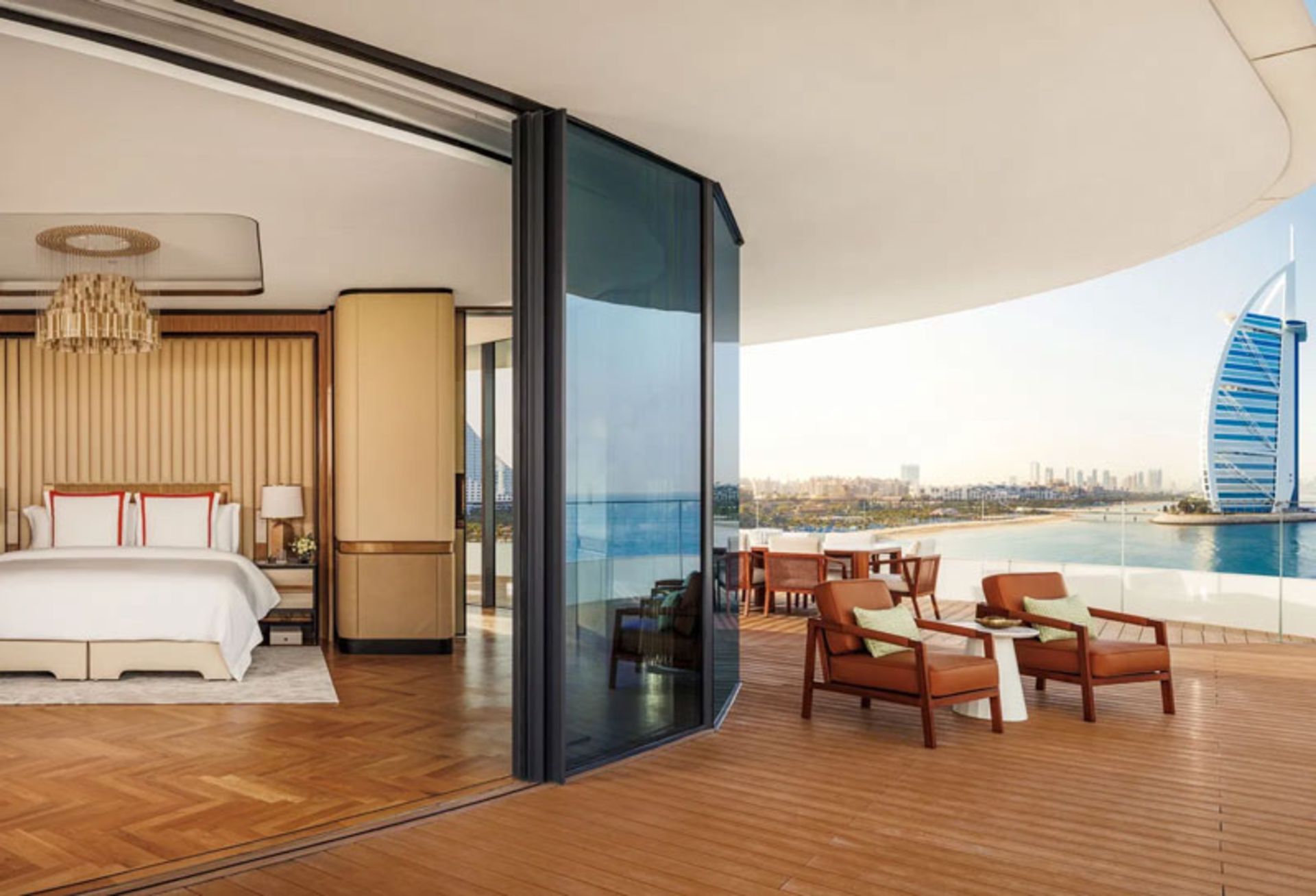 Room and terrace of Jumeirah Mursi Al Arab Hotel with Burj Al Arab view