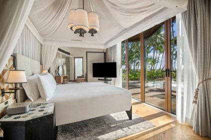 The interior of a room at the Waldorf Astoria Seychelles Pellet Island