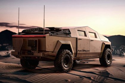 Back view of Keith Sting on Cybertruck in desert environment