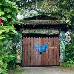 The wooden entrance gate to Pirela ecological garden