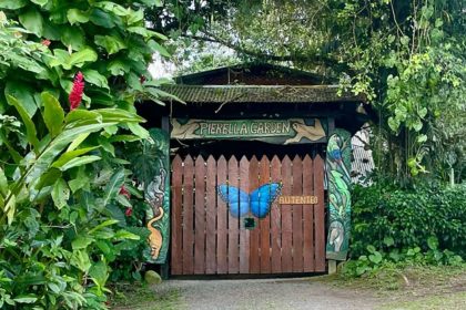 The wooden entrance gate to Pirela ecological garden