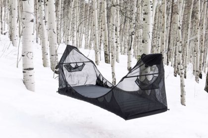 Specter's hanging tent in the snow
