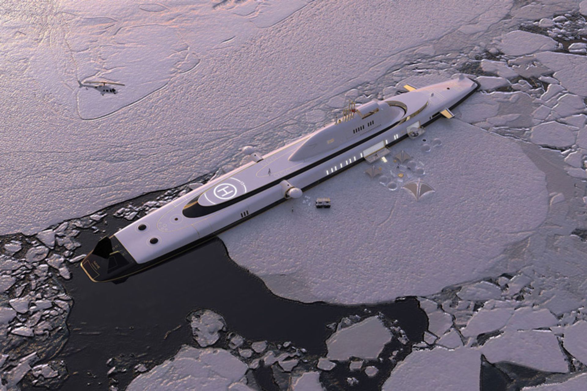 Aerial view of Migalo M5 ship in polar waters