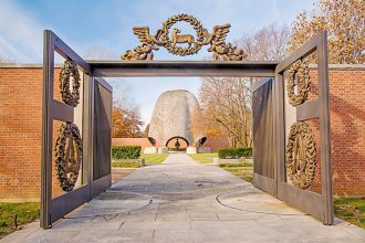 The entrance door of the church without a roof