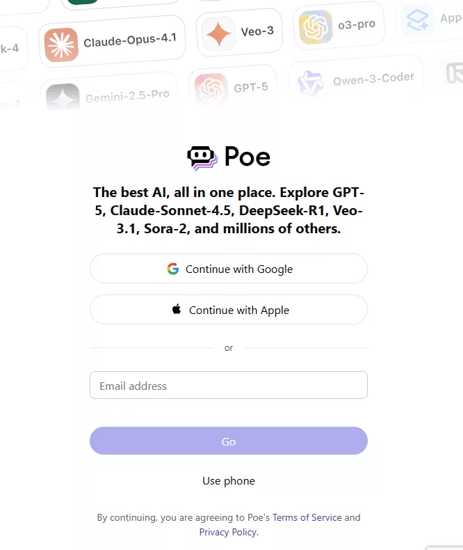 The poe site login page where you can log in with Google account, Apple account and other emails in order from top to bottom.