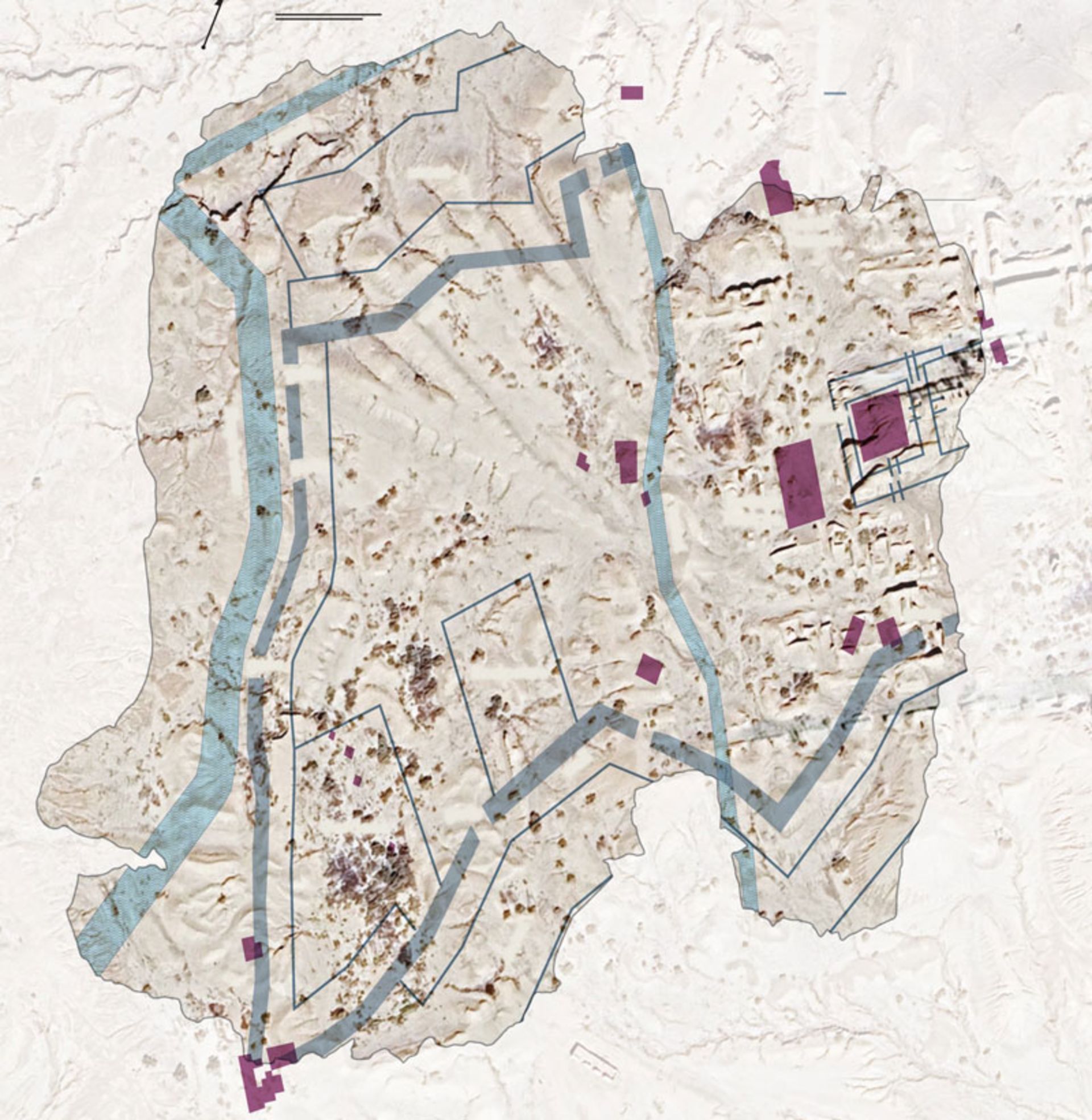 Accurate adaptation of the ancient map of Nippur (blue and purple lines) on the satellite view of today's ruins