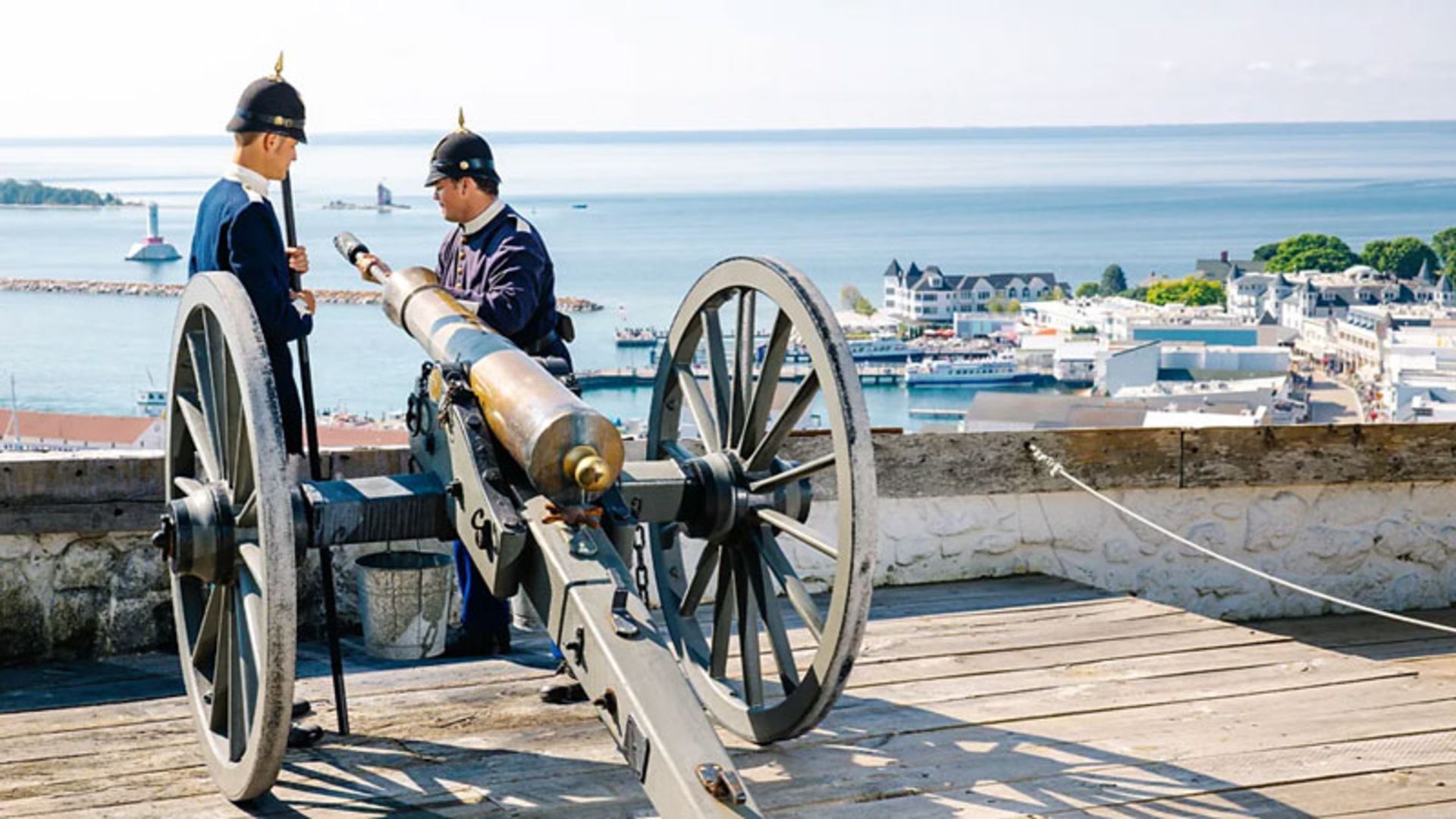 Historical reenactment of cannon fire at Mackinac Island Fort