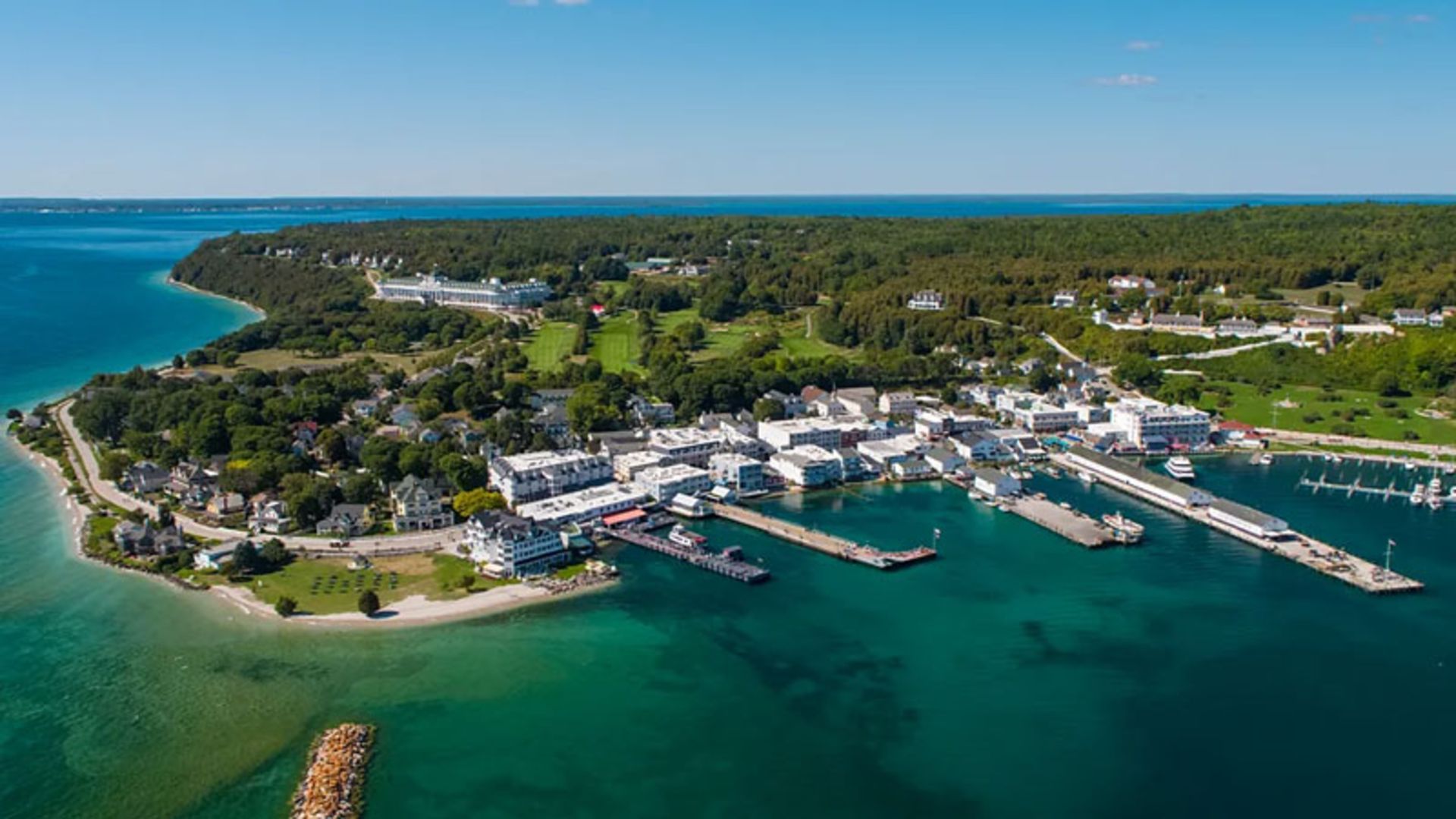 Aerial view of Mackinac Island village and docks