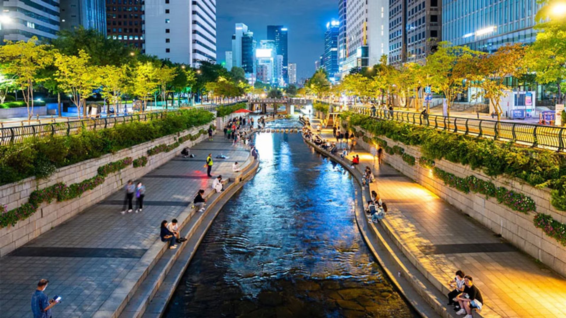 Night view of the Cheonggyecheon canal in Seoul