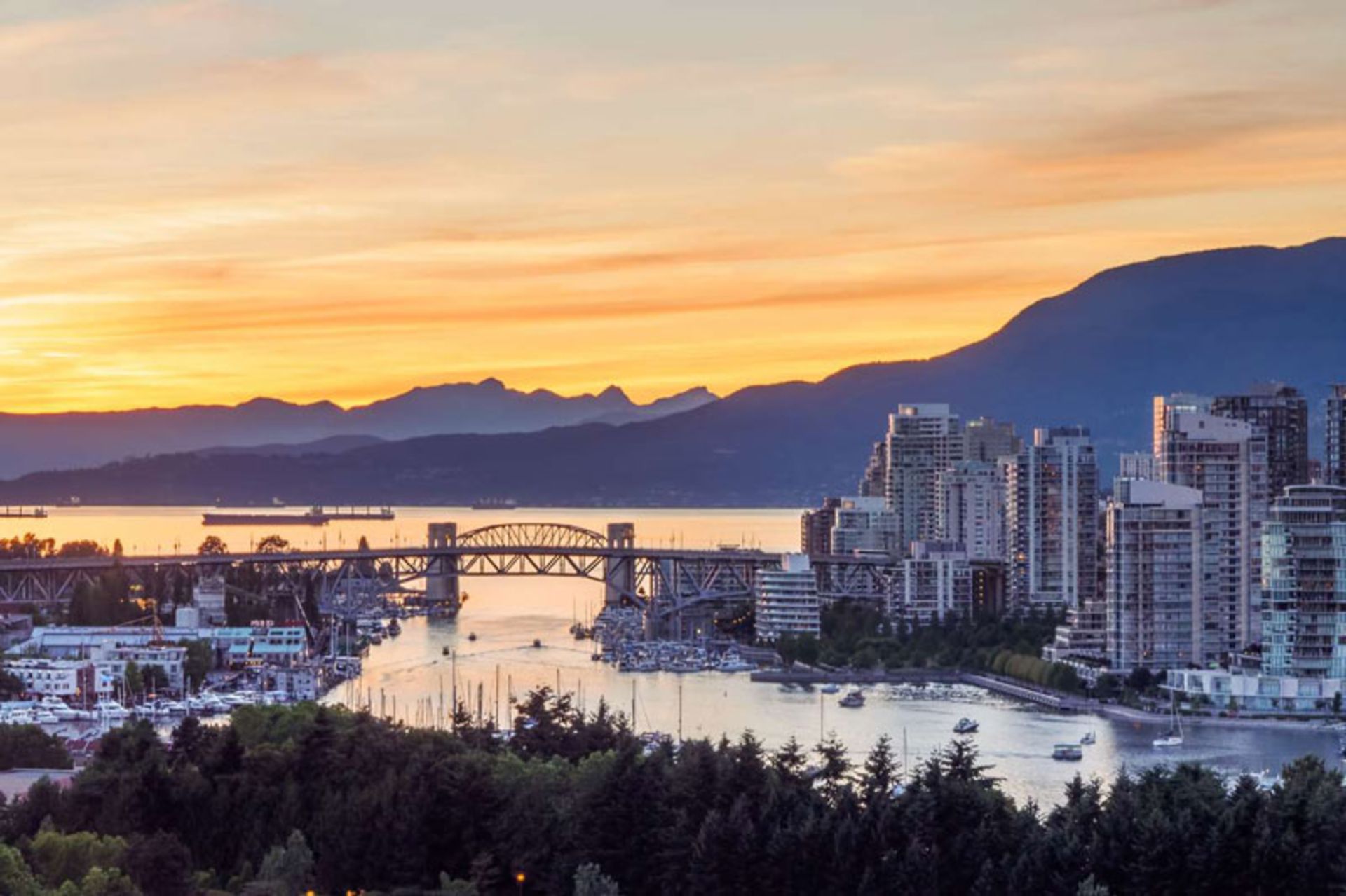 Sunset view of the city and bridges of Vancouver, Canada