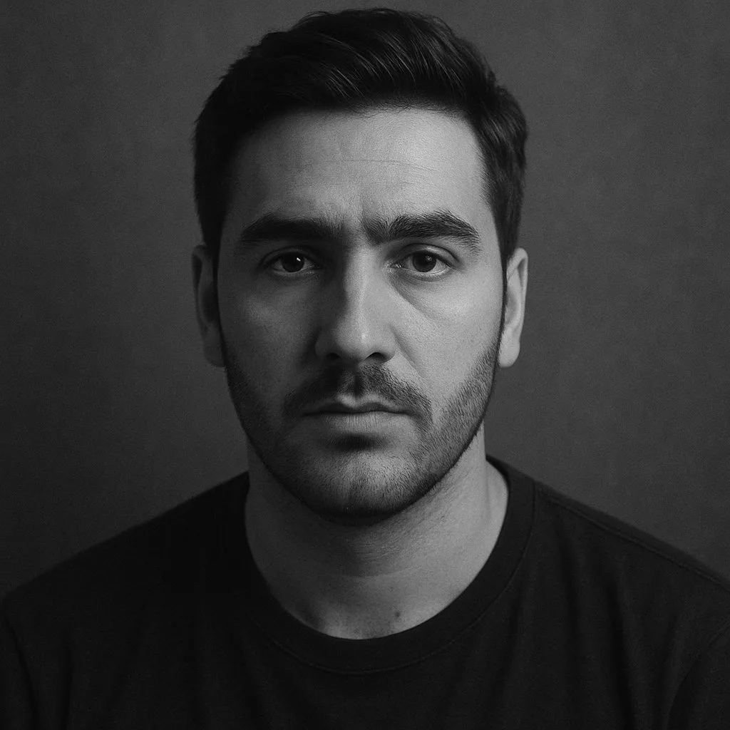 Black and white artistic portrait of a man created by artificial intelligence