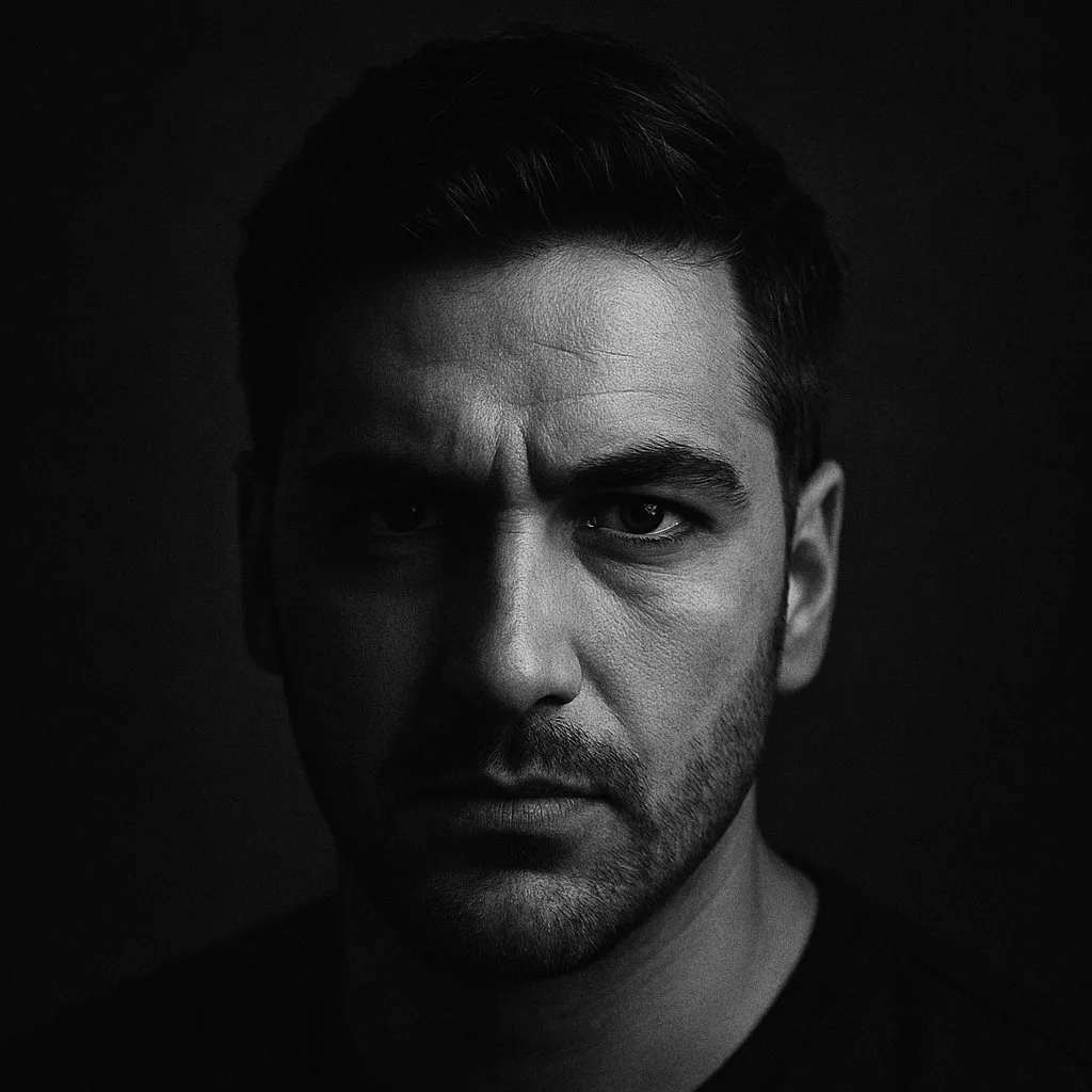 High contrast black and white portrait of a man's face made with AI prompts
