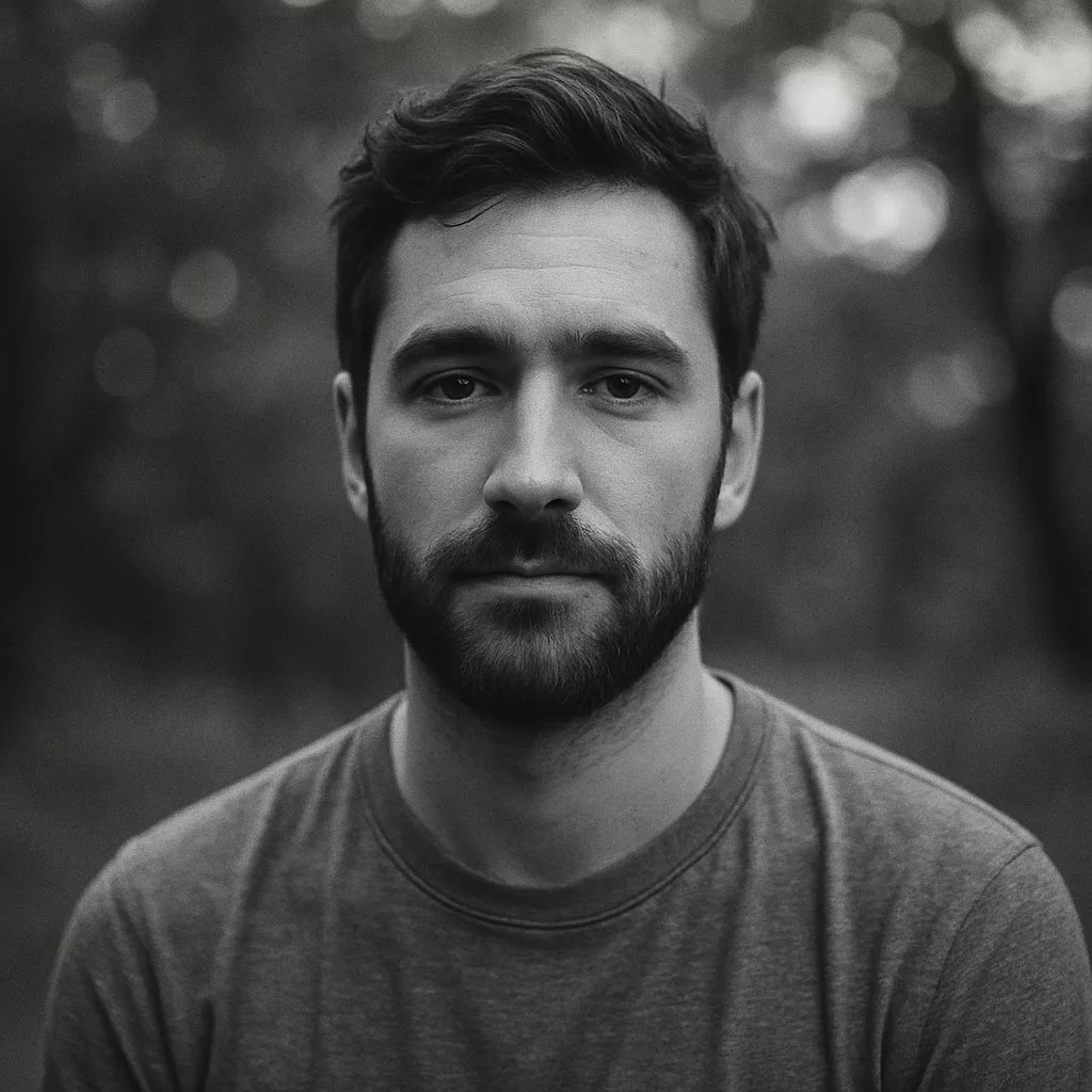 Black and white portrait of a man with a bokeh background made with special parameters in GPT