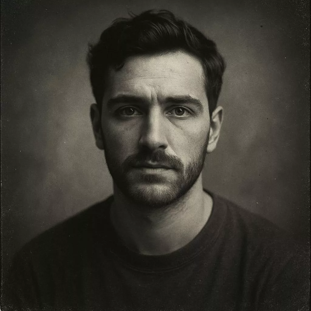 Black and white portrait of a young man in the style of analog images made with AI