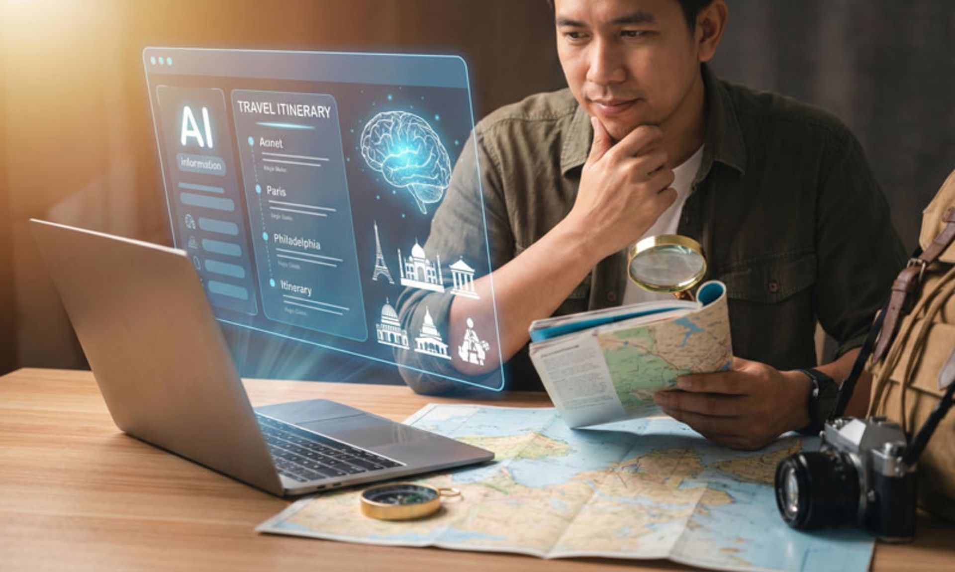 A man planning a trip with artificial intelligence