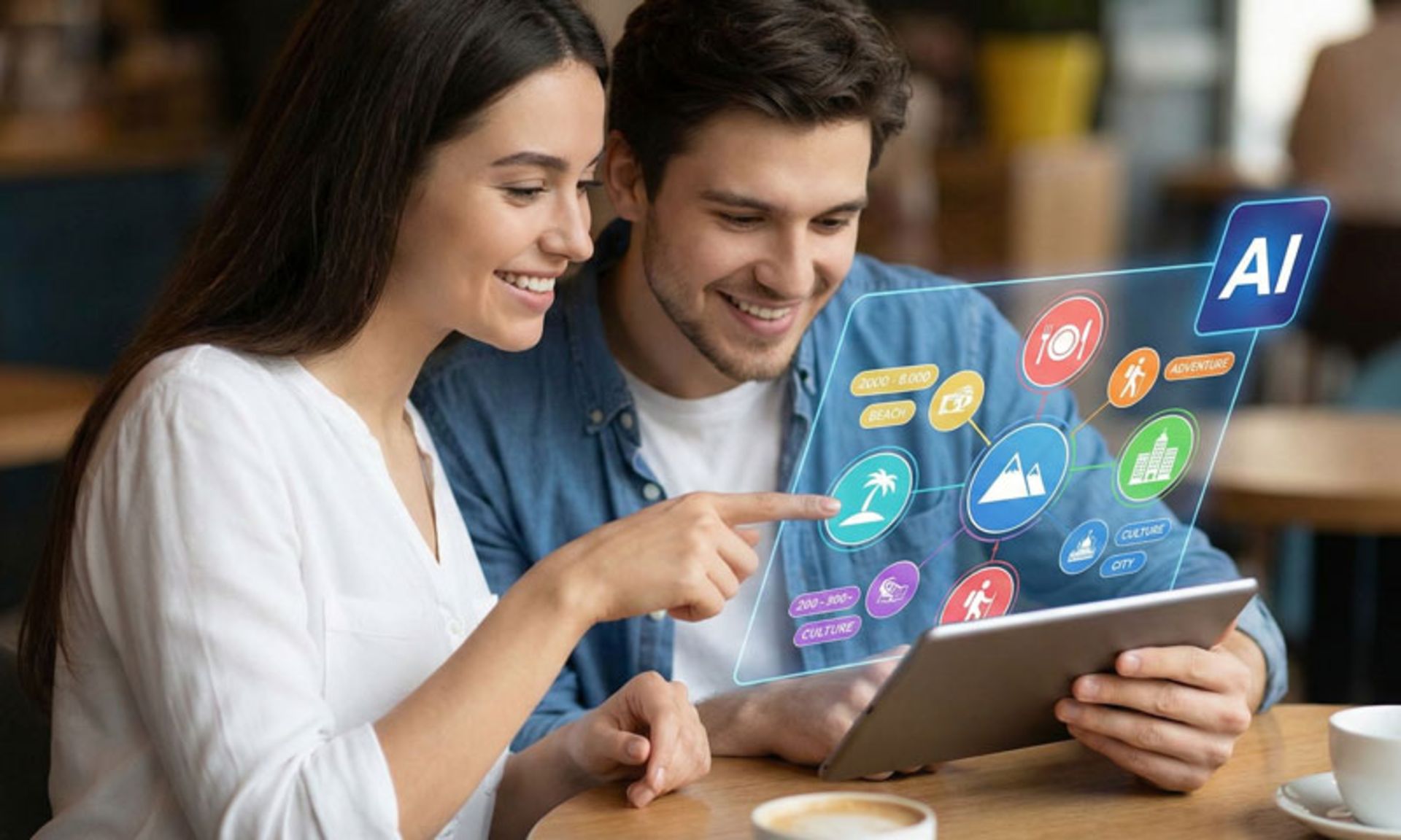 A man and a woman planning a trip with artificial intelligence