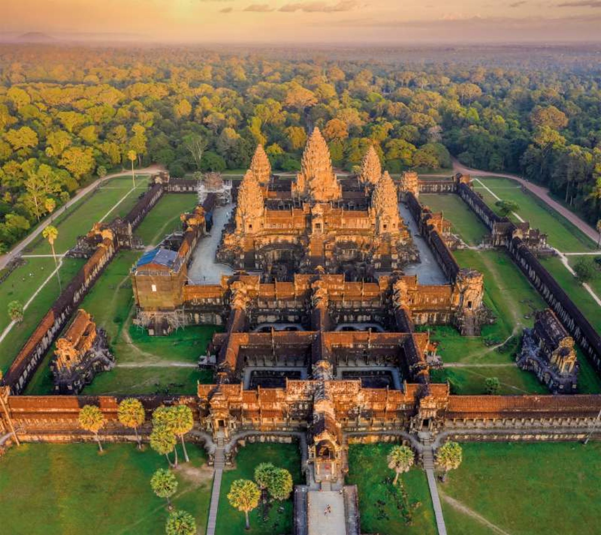 Aerial photo of the structures of the Angkor Wat temple complex