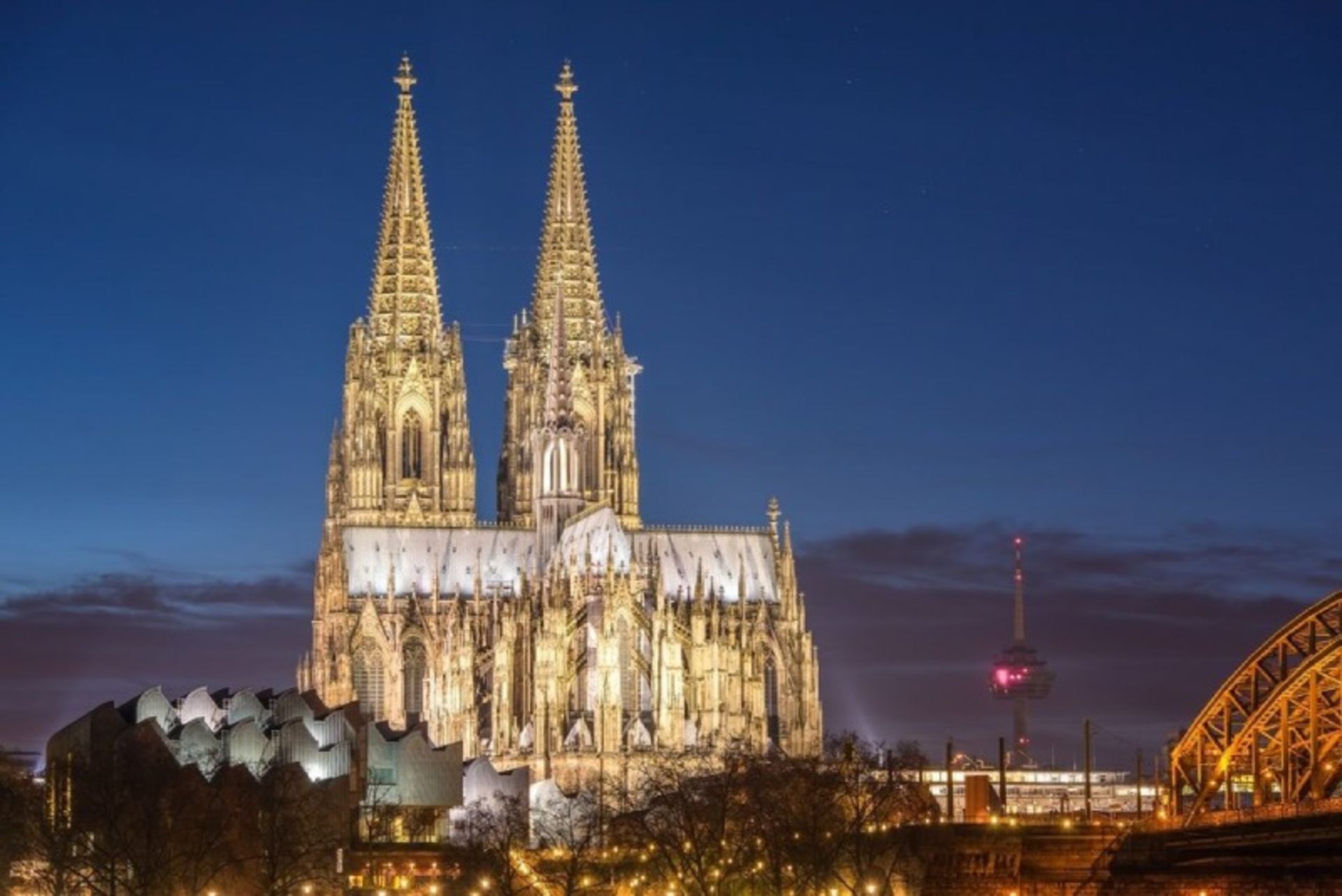 Exterior view of Cologne Cathedral at night