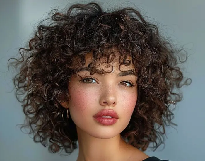 Curly hairstyle with short bangs