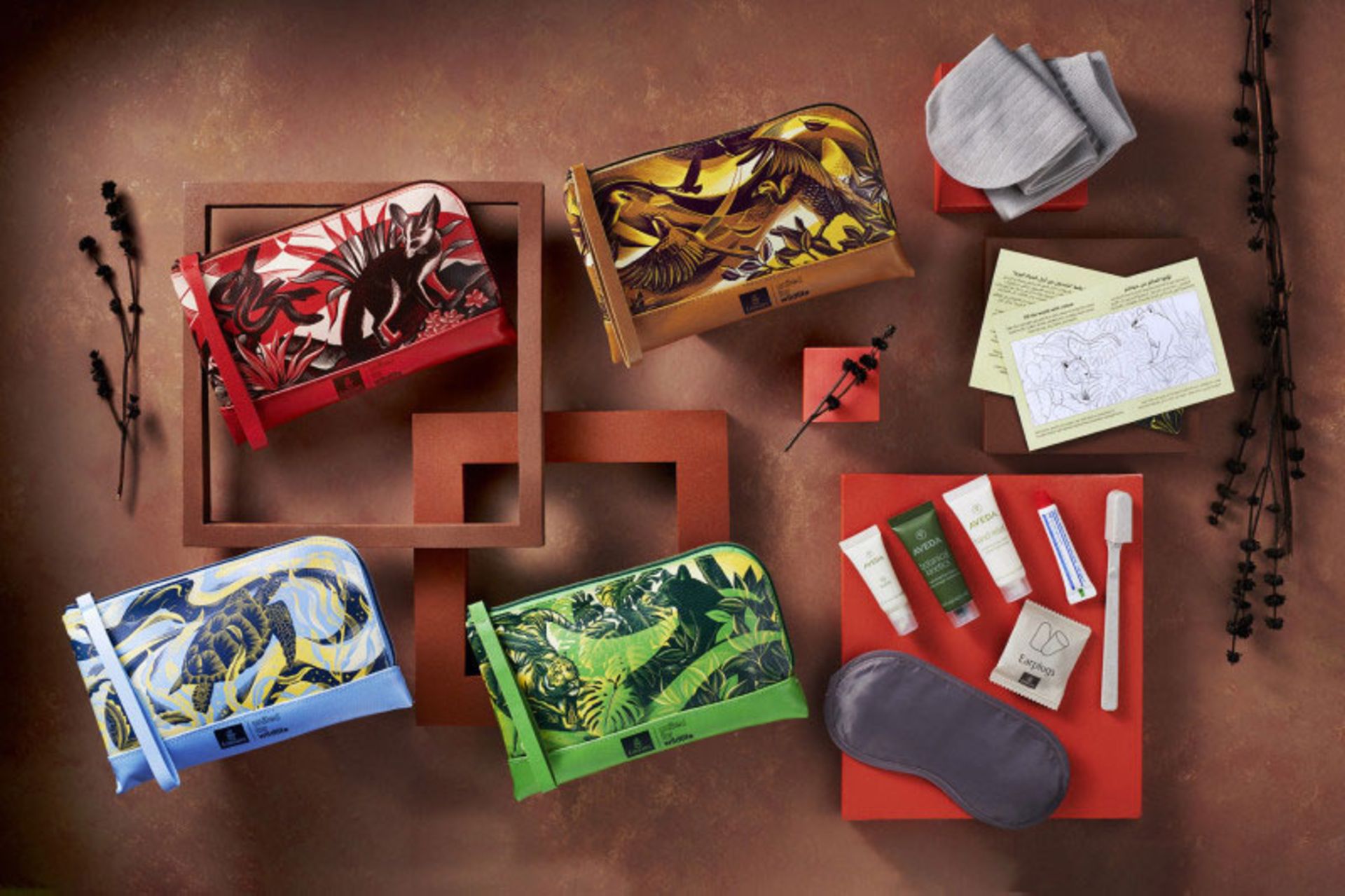 An open view of the contents of the premium economy class package