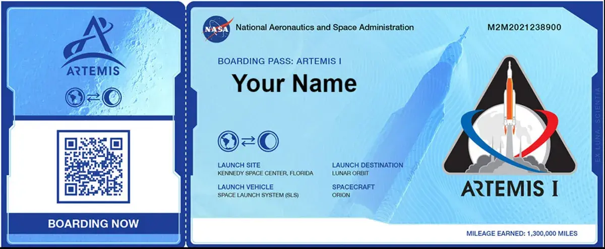 A sample of the flight ticket issued to send the name to the moon in the Artemis 2 mission (ticket to send the name to the moon)